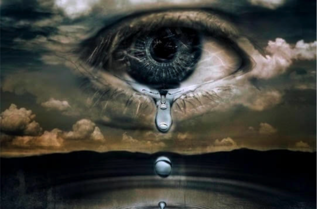 An eye in a cloudy sky with tears falling from it into water below.