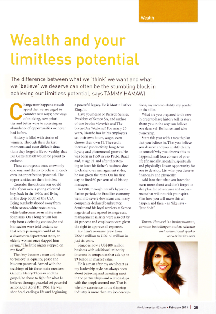 World Investor Magazine article titled "Wealth and your limitless potential"